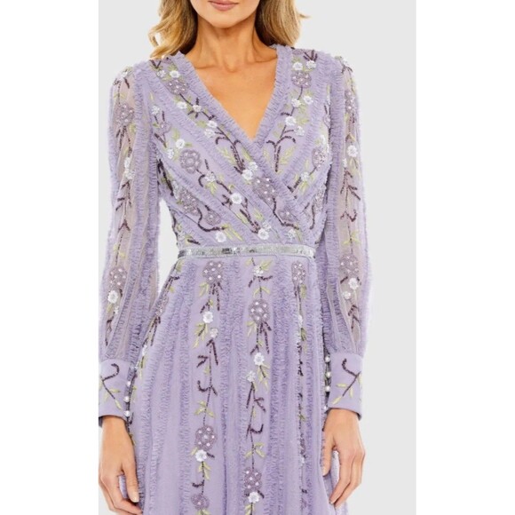 Mac Duggal Lilac Sz 24 Long Sleeve Embroidered Wrap Midi Dress - Picture 2 of 5